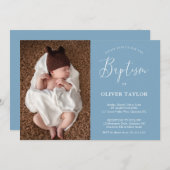 Invitation Boho Moderne bébé Dusty Bleu clair Baptême bleu cl (Devant / Derrière)