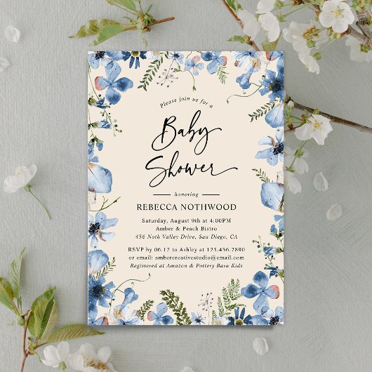 Invitation Boho moderne Beige Dusty Blue Boy Baby shower