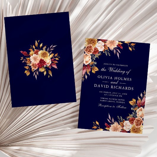 Invitation Boho Moderne Bleu Marine Orange Brûlé Floral Maria