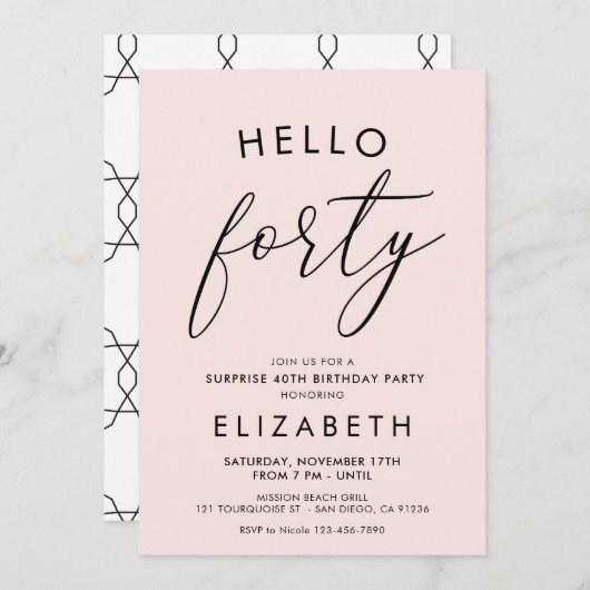 Invitation Boho moderne Blush 40e anniversaire Bonjour quaran (Devant / Derrière)