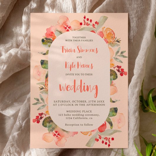 Invitation Boho moderne chute terre cuite blush mariage flora