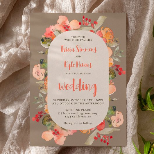 Invitation Boho moderne chute terre cuite kaki mariage floral