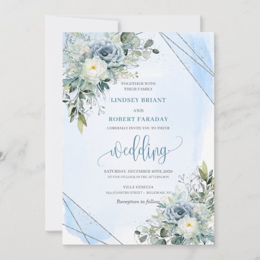Invitation Boho moderne Dusty Bleu Argent Roses de mariage In (Devant)