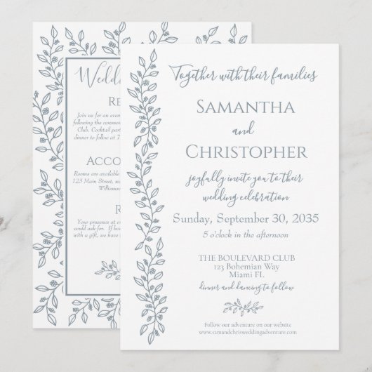 Invitation Boho moderne Dusty Bleu Botanique Mariage minimal (Devant / Derrière)