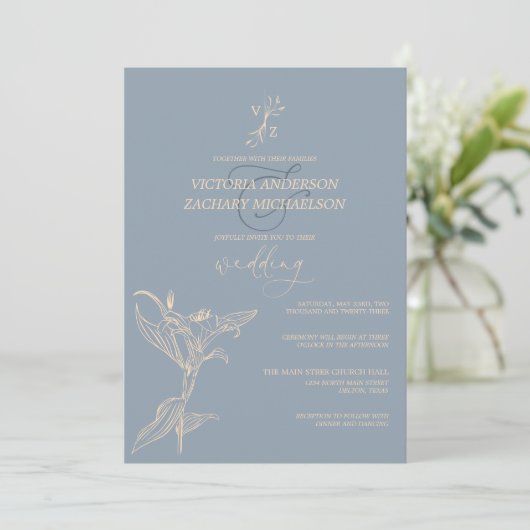 Invitation Boho Moderne Dusty Blue Floral Mariage (Debout devant)