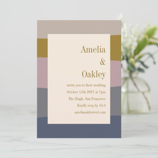 Invitation Boho Moderne Dusty Mauve Gold Beige Mariage rayé (Debout devant)