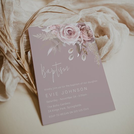 Invitation Boho moderne Dusty Rose Baptême
