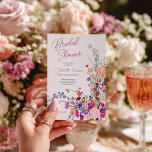 Invitation Boho moderne fleur sauvage aquarelle douche nuptia<br><div class="desc">Cette invitation à la douche nuptiale à script moderne présente un bouquet à la main étonnant de fleurs d'aquarelle sauvages peintes à la main dans les tons de rougeur, corail, violet et rose. L'aménagement est propre, aéré et sans effort élégant, parfait pour une soirée thé chic, un brunch boho ou...</div>