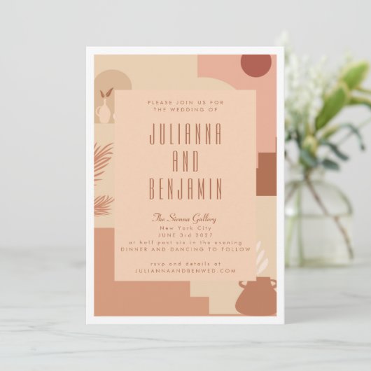 Invitation Boho Moderne Floral Art Blush Terracotta Mariage (Debout devant)