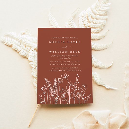 Invitation Boho Moderne Floral Terracotta Brûlé Orange Mariag