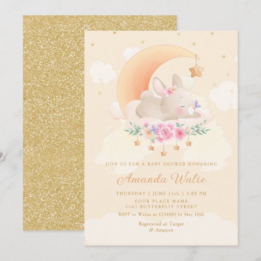 Invitation Boho moderne mignon Aquarelle Bunny Girl Baby show (Devant / Derrière)