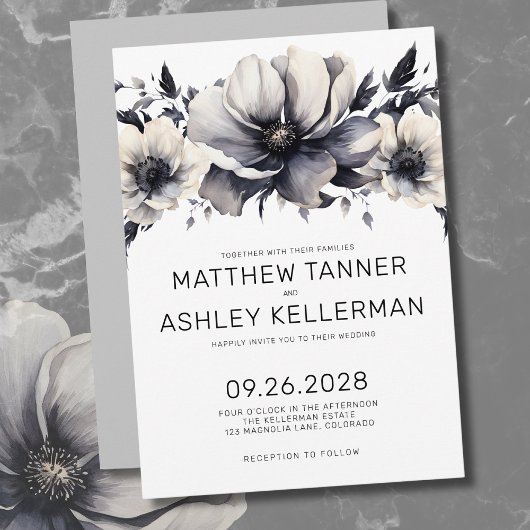 Invitation Boho moderne noir blanc Mariage Floral