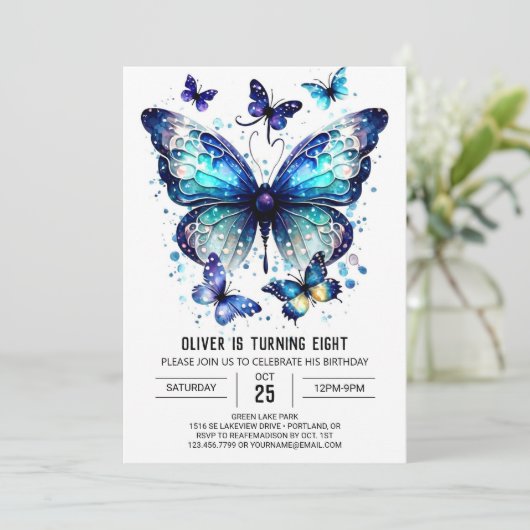 Invitation Boho Moderne Papillon Garçon Anniversaire (Debout devant)