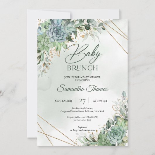 Invitation Boho moderne succulent eucalyptus or brunch bébé (Devant)