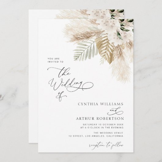 Invitation boho moderne verdure pampas herbe (Devant / Derrière)