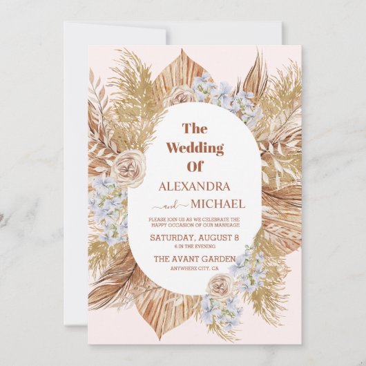 Invitation boho moderne vert pampas herbe mariage (Devant)