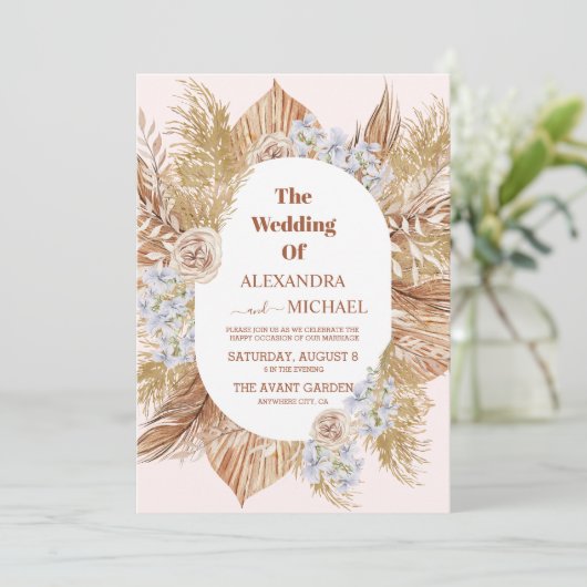 Invitation boho moderne vert pampas herbe mariage (Debout devant)