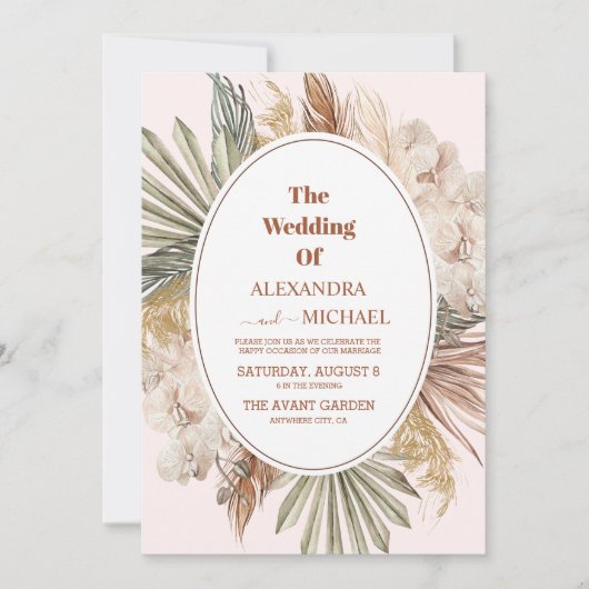 Invitation boho moderne vert pampas herbe mariage (Devant)