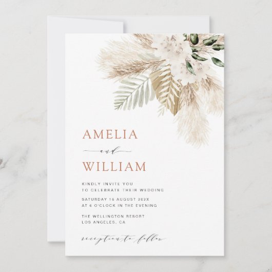 Invitation boho moderne vert pampas herbe QR code mariage (Devant)