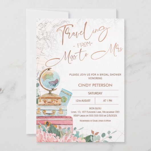 Invitation Boho moderne Voyager Mlle à Mme Fête des mariées (Devant)