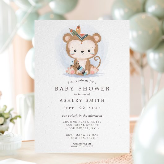Invitation Boho Monkey Tribal Aquarelle Baby shower bohème