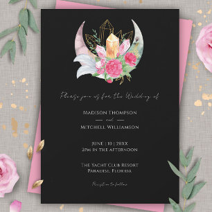 Invitation Boho Moon Crystals Plumes rose Fleurs Mariage
