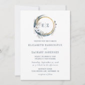 Invitation Boho Moon Monogram Wreath Indigo Mariage (Devant)