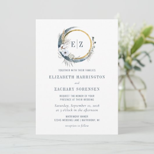Invitation Boho Moon Monogram Wreath Indigo Mariage (Debout devant)