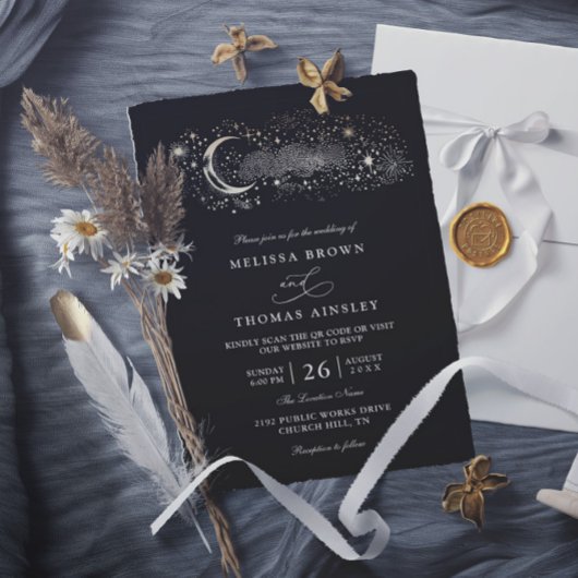 Invitation Boho Moon Stars Celestial Black QR Code Wedding