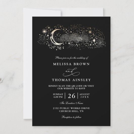 Invitation Boho Moon Stars Celestial Black QR Code Wedding (Devant)