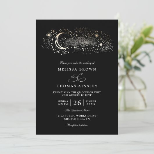 Invitation Boho Moon Stars Celestial Black QR Code Wedding (Debout devant)