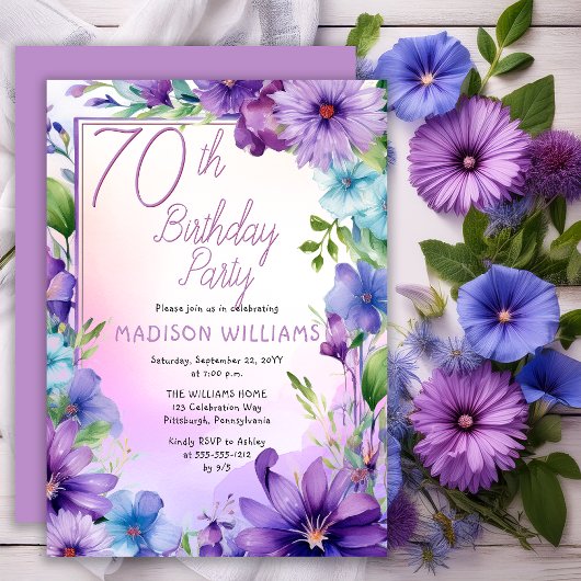 Invitation Boho Morning Glories Floral 70th Birthday Party