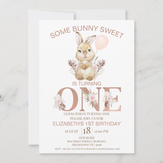 Invitation Boho Mot Floral Lapin Lapin 1er Anniversaire (Devant)