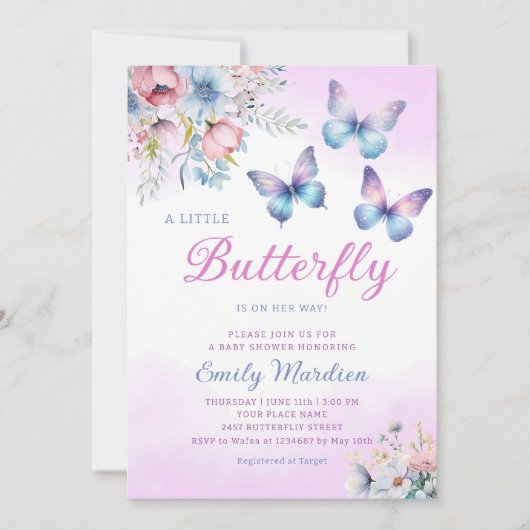 Invitation Boho mou violet papillon floral Baby shower fille (Devant)