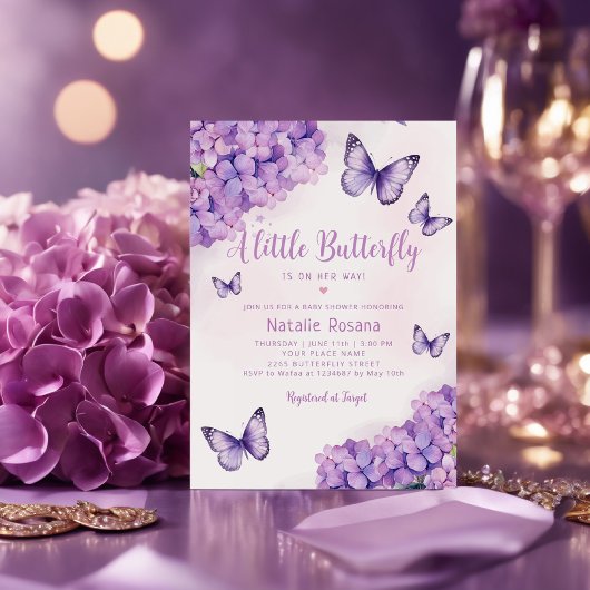 Invitation Boho mou violet papillon floral Baby shower fille