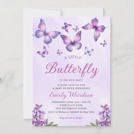Invitation Boho mou violet papillon floral Baby shower fille (Devant)