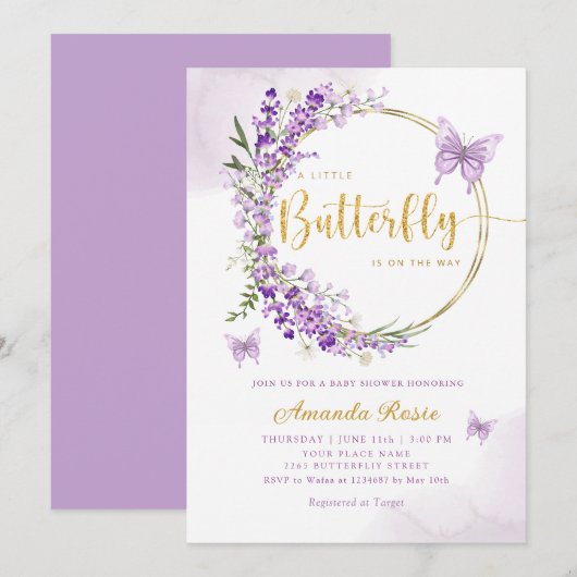 Invitation Boho mou violet papillon floral Baby shower fille (Devant / Derrière)