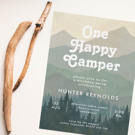 Invitation Boho Mountains One Happy Camper Boys 1er anniversa