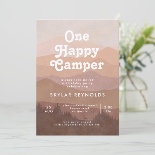 Invitation Boho Mountains One Happy Camper Girls 1er annivers (Debout devant)