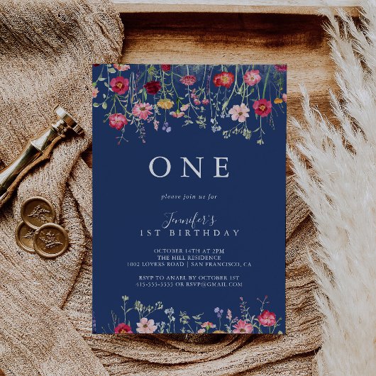 Invitation Boho Multicolor Fleur sauvage Première fête d'anni