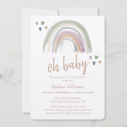 Invitation Boho Muted Rainbow Baby shower en papier Kraft (Devant)