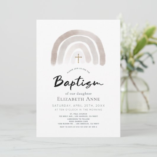 Invitation Boho Muted Rainbow Watercolor Baptême (Debout devant)