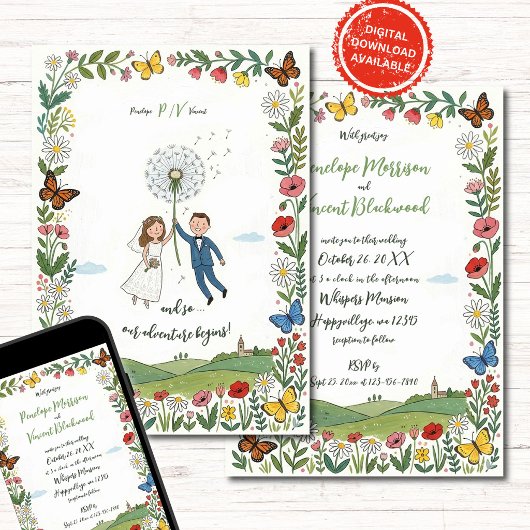 Invitation Boho Naive Art Couple Style Wedding