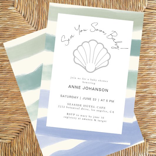 Invitation Boho Nautical Stripes Clam Shell Boy Baby Shower