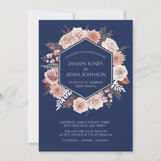 Invitation Boho Navy bleu rose Floral Mariage (Devant)