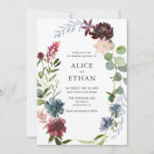 Invitation Boho Navy Blue Burgundy Flowers Mariage (Devant)