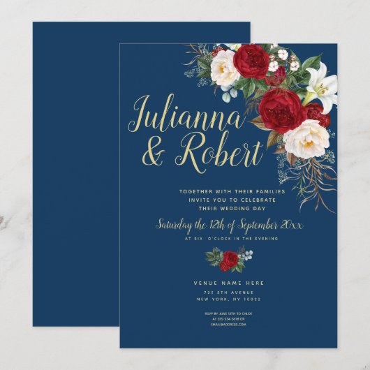 Invitation Boho Navy Blue et Bourgogne Floral Watercolor (Devant / Derrière)