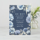 Invitation Boho Navy Blue Fleur sauvage Floral Boy Baby showe (Debout devant)