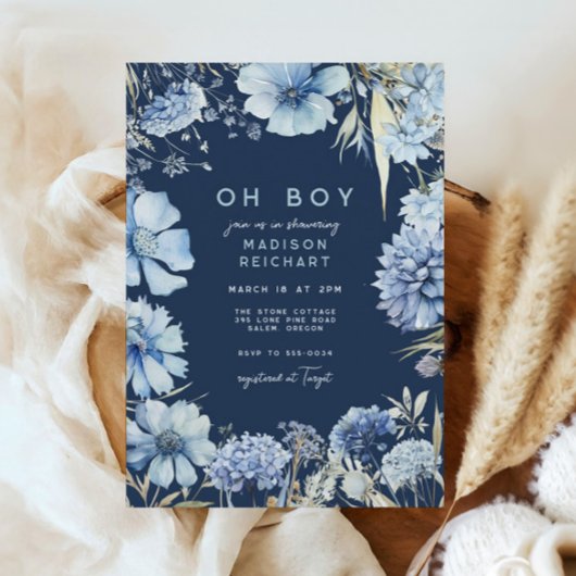 Invitation Boho Navy Blue Fleur sauvage Floral Boy Baby showe