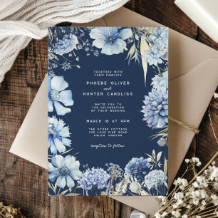 Invitation Boho Navy Blue Gold Fleurs sauvages Mariage botani